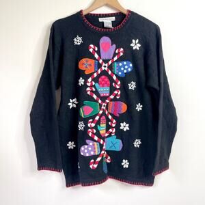 Vintage Victoria Jones Holiday Sweater M Black Candy Cane Mittens Snowflake